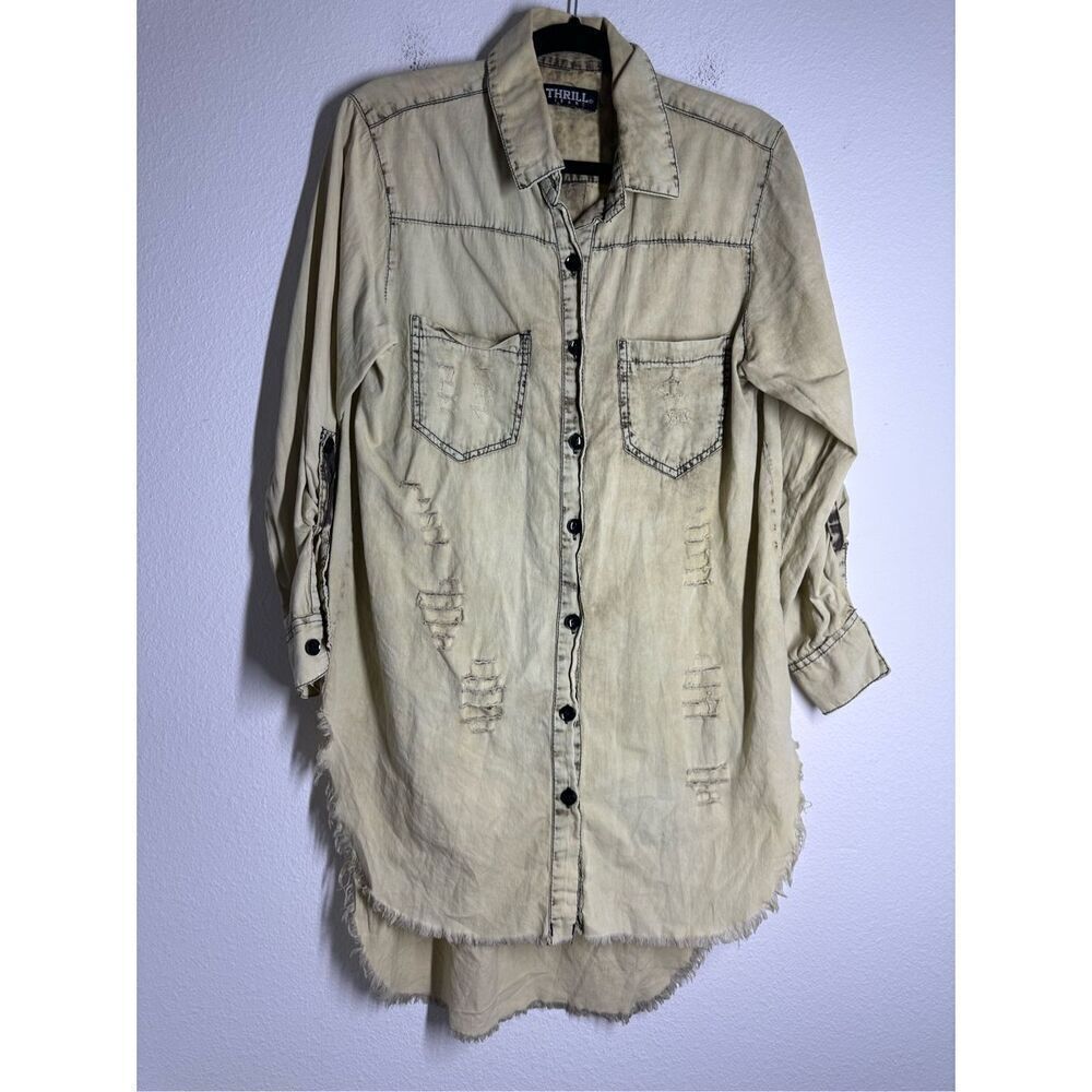 Thrill Women’s Acid Washed Distressed Button Front Long Cardigan Jacket Size XL